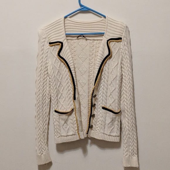 Maje Sweaters - Maje Cabled Cream Cardigan Gold Black Piping
